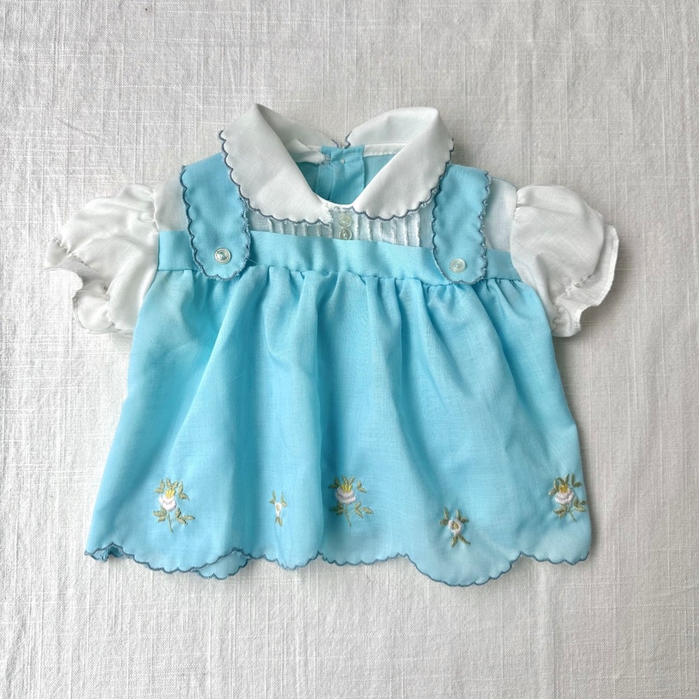 Vintage 1950s Doll Dress Blue Embroidered Floral Scalloped Puff Sleeve 8-10 inch